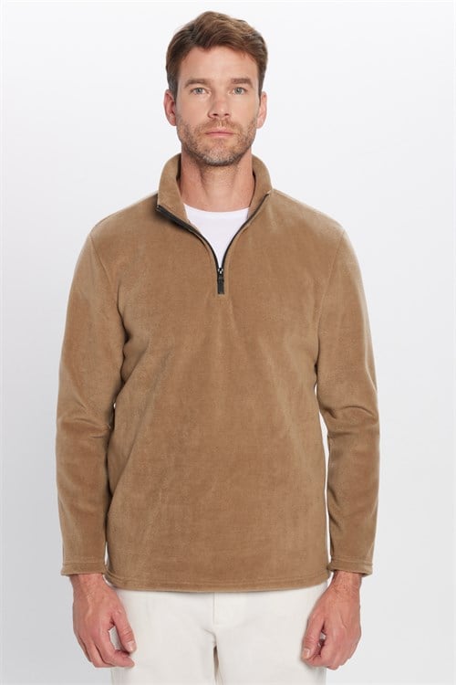 Unisex Standart Fit Tüylenmeye Karşı Dirençli Soğuğa Karşı Dayanıklı Haki Bato Yaka Polar Sweatshirt