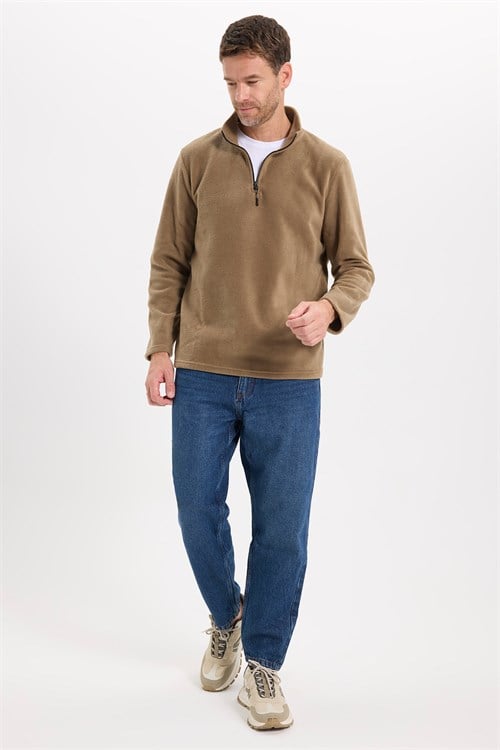 Unisex Standart Fit Tüylenmeye Karşı Dirençli Soğuğa Karşı Dayanıklı Haki Bato Yaka Polar Sweatshirt