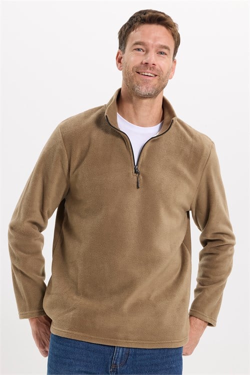 Unisex Standart Fit Tüylenmeye Karşı Dirençli Soğuğa Karşı Dayanıklı Haki Bato Yaka Polar Sweatshirt