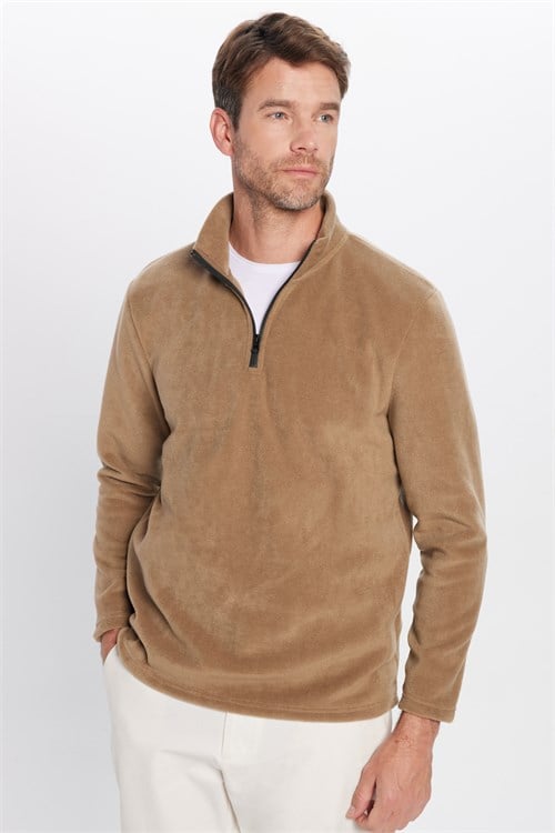 Unisex Standart Fit Tüylenmeye Karşı Dirençli Soğuğa Karşı Dayanıklı Haki Bato Yaka Polar Sweatshirt
