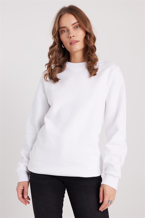 Kadın Oversize Geniş Kesim %100 Pamuk 3 İplik Basic Beyaz Bisiklet Yaka Sweatshirt
