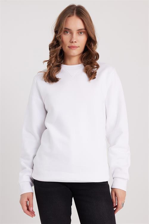 Kadın Oversize Geniş Kesim %100 Pamuk 3 İplik Basic Beyaz Bisiklet Yaka Sweatshirt