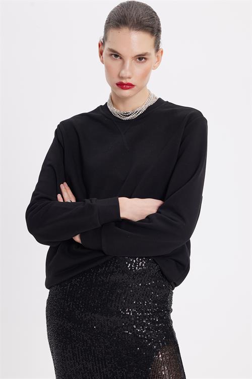 Kadın Oversize Geniş Kesim %100 Pamuk 3 İplik Basic Siyah Bisiklet Yaka Sweatshirt