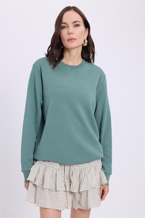 Kadın Oversize Geniş Kesim %100 Pamuk 3 İplik Basic Yeşil Bisiklet Yaka Sweatshirt