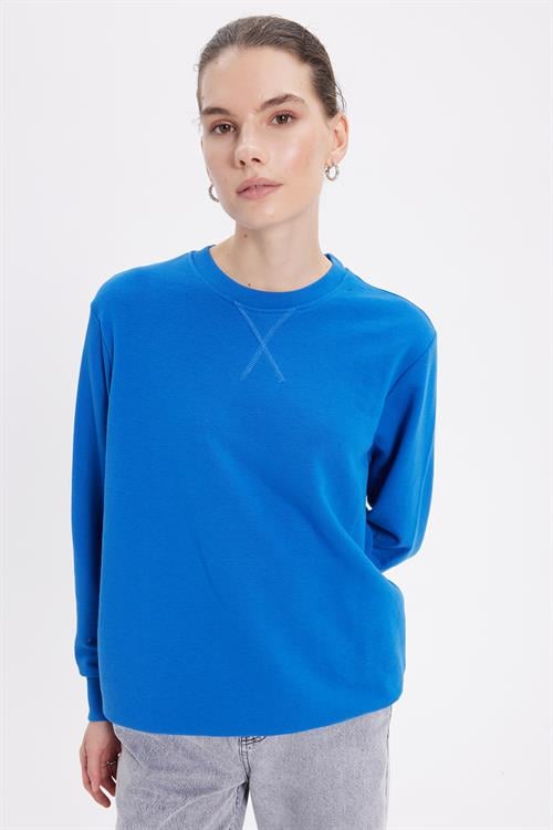 Kadın Oversize Geniş Kesim %100 Pamuk 3 İplik Basic Lacivert Bisiklet Yaka Sweatshirt