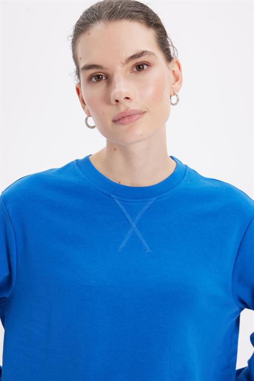 Kadın Oversize Geniş Kesim %100 Pamuk 3 İplik Basic Lacivert Bisiklet Yaka Sweatshirt
