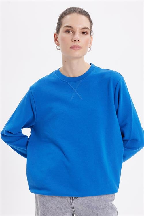 Kadın Oversize Geniş Kesim %100 Pamuk 3 İplik Basic Lacivert Bisiklet Yaka Sweatshirt