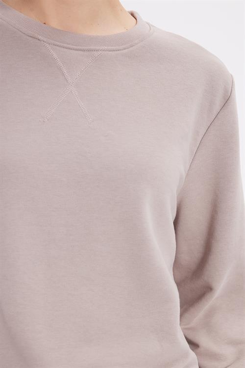 Kadın Oversize Geniş Kesim %100 Pamuk 3 İplik Basic Bej Bisiklet Yaka Sweatshirt