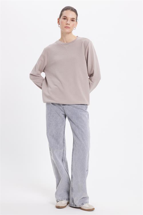 Kadın Oversize Geniş Kesim %100 Pamuk 3 İplik Basic Bej Bisiklet Yaka Sweatshirt