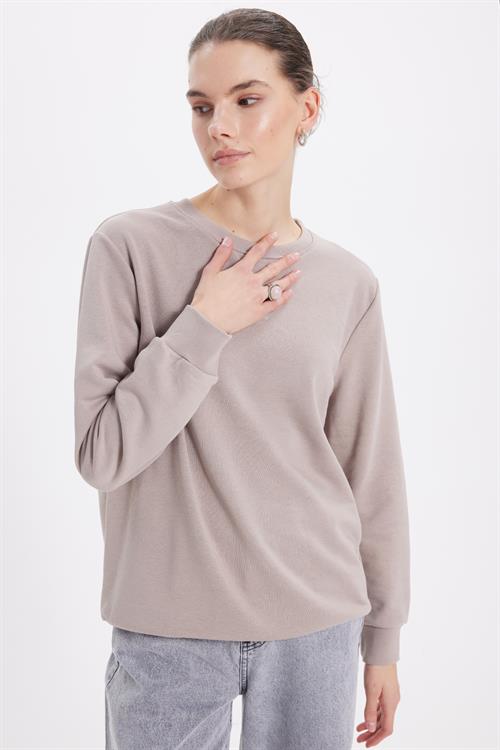 Kadın Oversize Geniş Kesim %100 Pamuk 3 İplik Basic Bej Bisiklet Yaka Sweatshirt
