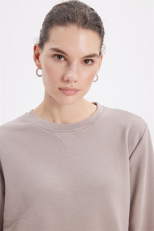 Kadın Oversize Geniş Kesim %100 Pamuk 3 İplik Basic Bej Bisiklet Yaka Sweatshirt