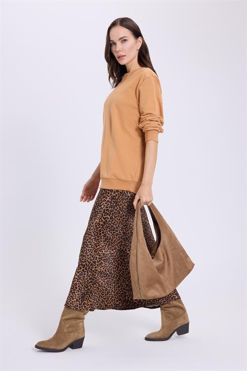 Kadın Oversize Geniş Kesim %100 Pamuk 3 İplik Basic Camel Bisiklet Yaka Sweatshirt