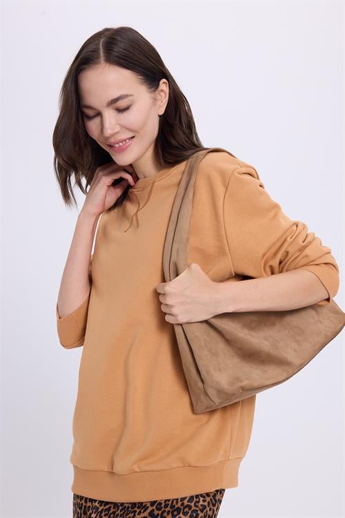 Kadın Oversize Geniş Kesim %100 Pamuk 3 İplik Basic Camel Bisiklet Yaka Sweatshirt