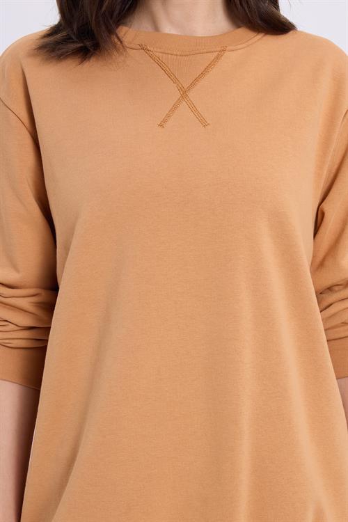 Kadın Oversize Geniş Kesim %100 Pamuk 3 İplik Basic Camel Bisiklet Yaka Sweatshirt