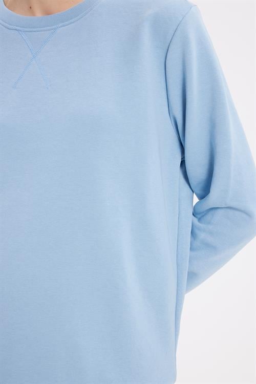 Kadın Oversize Geniş Kesim %100 Pamuk 3 İplik Basic Bisiklet Yaka Mavi Sweatshirt