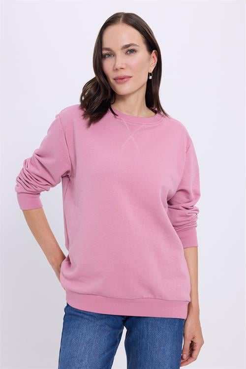 Kadın Oversize Geniş Kesim %100 Pamuk 3 İplik Basic Lila Bisiklet Yaka Sweatshirt