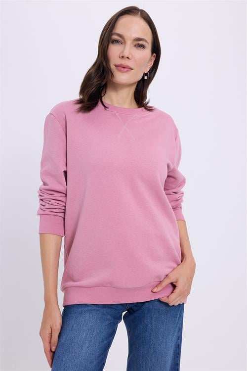 Kadın Oversize Geniş Kesim %100 Pamuk 3 İplik Basic Lila Bisiklet Yaka Sweatshirt
