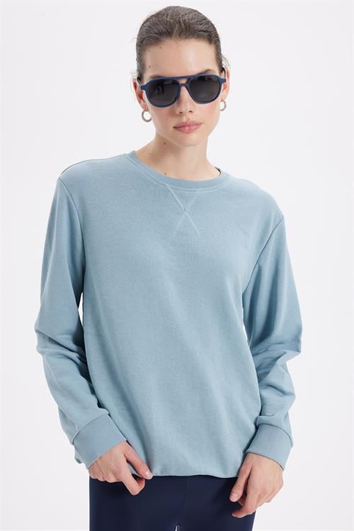 Kadın Oversize Geniş Kesim %100 Pamuk 3 İplik Basic Bisiklet Yaka Mavi Sweatshirt