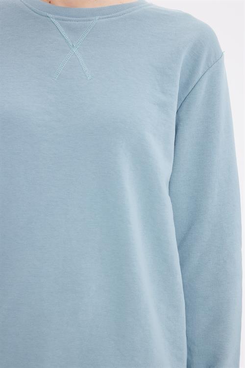 Kadın Oversize Geniş Kesim %100 Pamuk 3 İplik Basic Bisiklet Yaka Mavi Sweatshirt