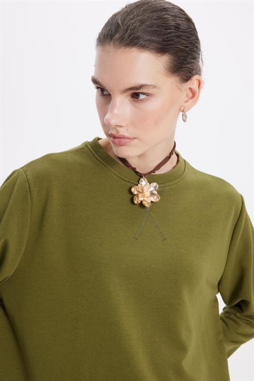 Kadın Oversize Geniş Kesim %100 Pamuk 3 İplik Basic Yeşil Bisiklet Yaka Sweatshirt