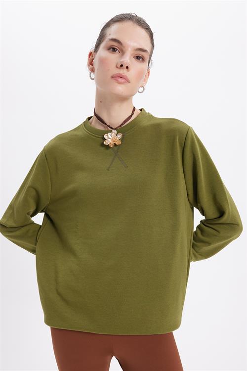 Kadın Oversize Geniş Kesim %100 Pamuk 3 İplik Basic Yeşil Bisiklet Yaka Sweatshirt