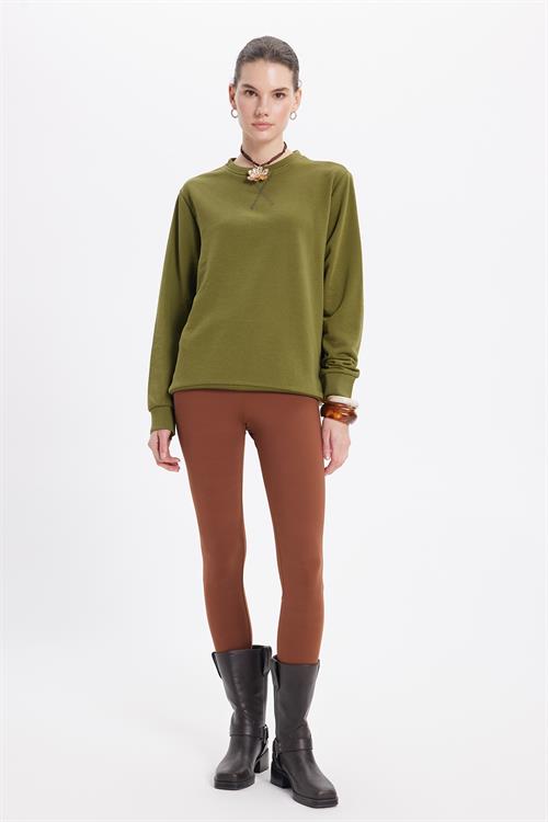 Kadın Oversize Geniş Kesim %100 Pamuk 3 İplik Basic Yeşil Bisiklet Yaka Sweatshirt