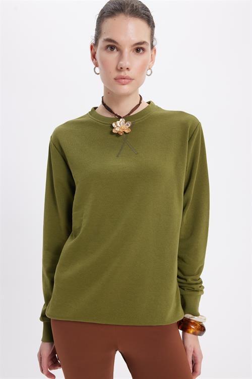 Kadın Oversize Geniş Kesim %100 Pamuk 3 İplik Basic Yeşil Bisiklet Yaka Sweatshirt