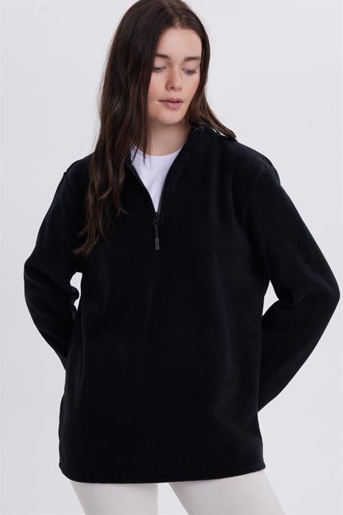 Kadın Standart Fit Anti-pilling Tüylenme Yapmayan Soğuk Geçirmez Siyah Bato Yaka Polar Sweatshirt