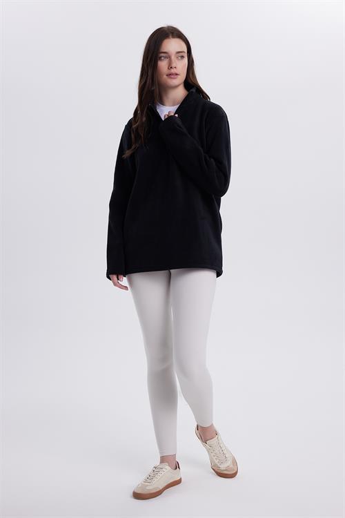 Kadın Standart Fit Anti-pilling Tüylenme Yapmayan Soğuk Geçirmez Siyah Bato Yaka Polar Sweatshirt