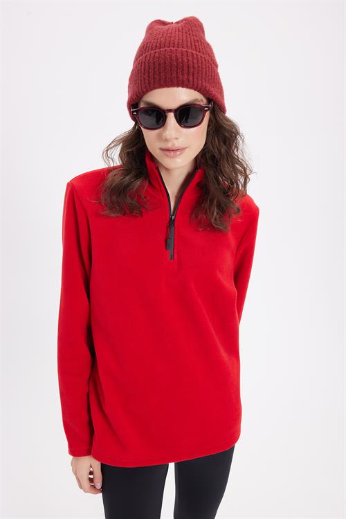 Kadın Standart Fit Anti-pilling Tüylenme Yapmayan Soğuk Geçirmez Kırmızı Bato Yaka Polar Sweatshirt