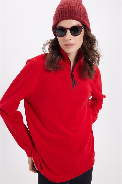 Kadın Standart Fit Anti-pilling Tüylenme Yapmayan Soğuk Geçirmez Kırmızı Bato Yaka Polar Sweatshirt