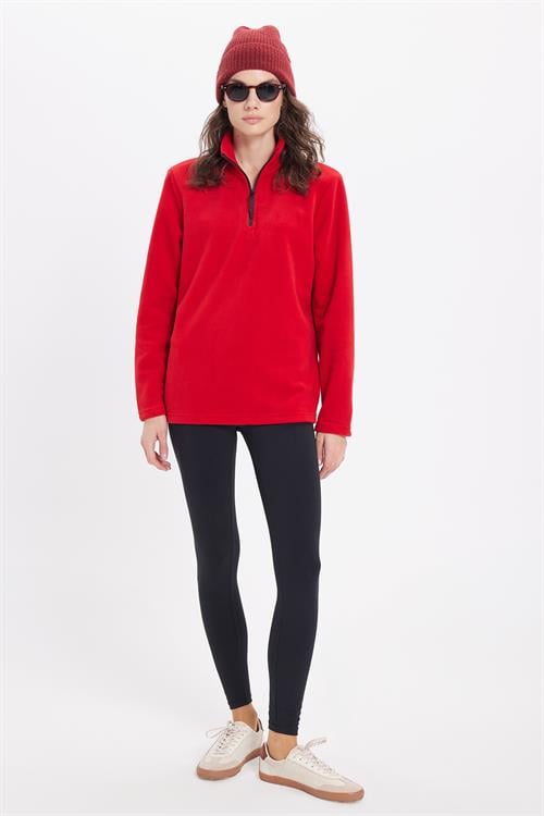 Kadın Standart Fit Anti-pilling Tüylenme Yapmayan Soğuk Geçirmez Kırmızı Bato Yaka Polar Sweatshirt