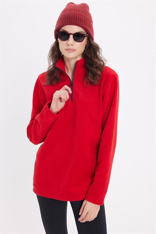 Kadın Standart Fit Anti-pilling Tüylenme Yapmayan Soğuk Geçirmez Kırmızı Bato Yaka Polar Sweatshirt