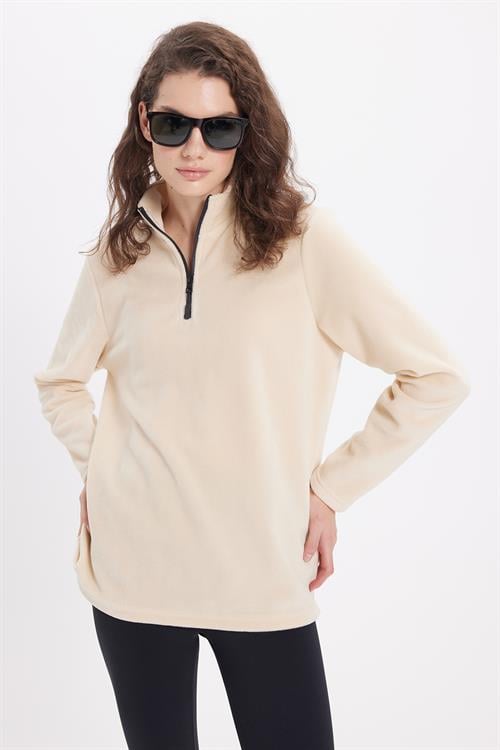 Kadın Standart Fit Anti-pilling Tüylenme Yapmayan Soğuk Geçirmez Açık Bej Bato Yaka Polar Sweatshirt