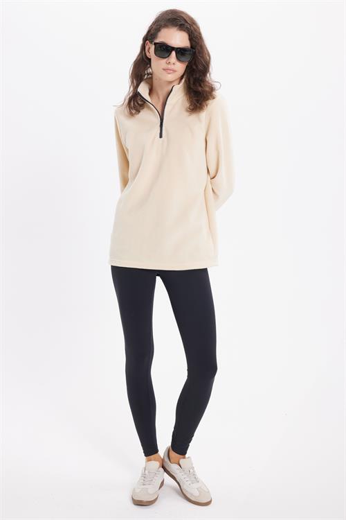 Kadın Standart Fit Anti-pilling Tüylenme Yapmayan Soğuk Geçirmez Açık Bej Bato Yaka Polar Sweatshirt