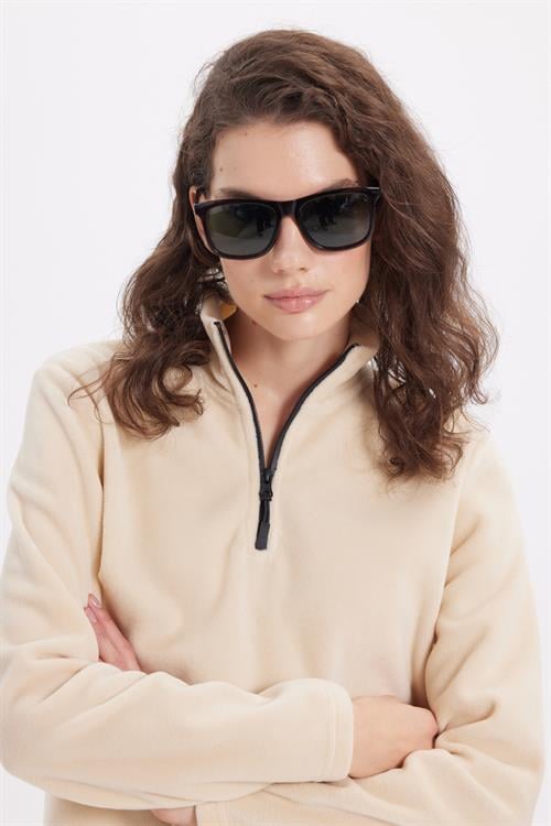 Kadın Standart Fit Anti-pilling Tüylenme Yapmayan Soğuk Geçirmez Açık Bej Bato Yaka Polar Sweatshirt