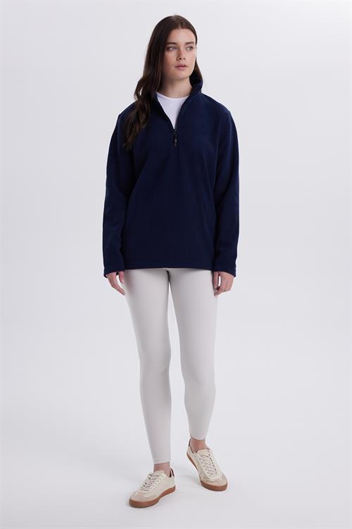 Kadın Standart Fit Antipilling Tüylenme Yapmayan Soğuk Geçirmez Lacivert Bato Yaka Polar Sweatshirt