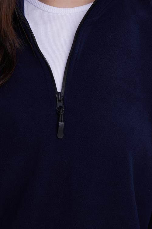 Kadın Standart Fit Antipilling Tüylenme Yapmayan Soğuk Geçirmez Lacivert Bato Yaka Polar Sweatshirt