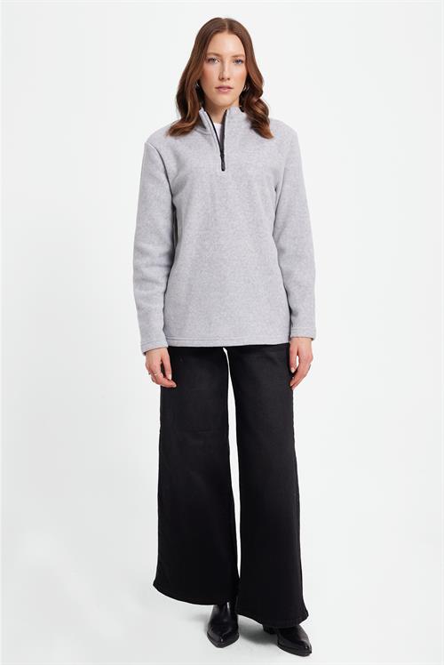 Kadın Standart Fit Anti-pilling Tüylenme Yapmayan Soğuk Geçirmez Gri Bato Yaka Polar Sweatshirt