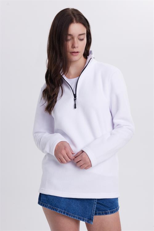 Kadın Standart Fit Antipilling Tüylenme Yapmayan Soğuk Geçirmez Ekru Bato Yaka Polar Sweatshirt
