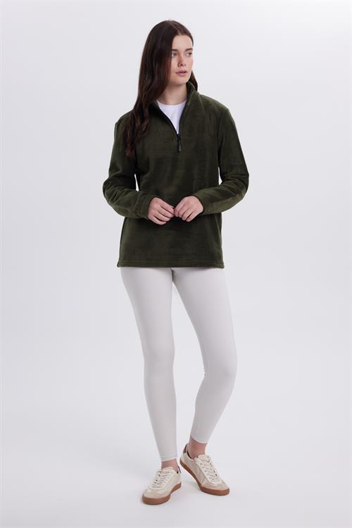 Kadın Standart Fit Anti-pilling Tüylenme Yapmayan Soğuk Geçirmez Koyu Haki Bato Yaka Polar Sweatshirt