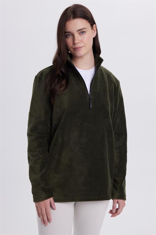 Kadın Standart Fit Anti-pilling Tüylenme Yapmayan Soğuk Geçirmez Koyu Haki Bato Yaka Polar Sweatshirt