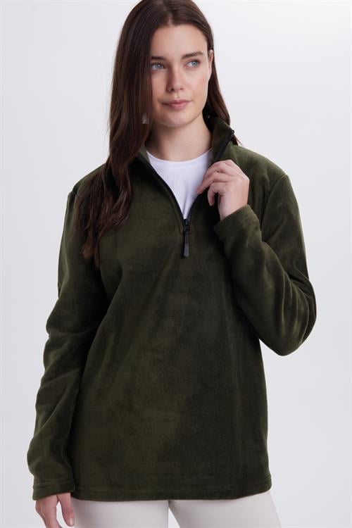 Kadın Standart Fit Anti-pilling Tüylenme Yapmayan Soğuk Geçirmez Koyu Haki Bato Yaka Polar Sweatshirt