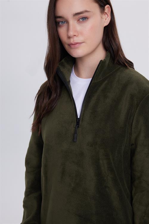 Kadın Standart Fit Anti-pilling Tüylenme Yapmayan Soğuk Geçirmez Koyu Haki Bato Yaka Polar Sweatshirt