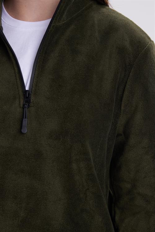 Kadın Standart Fit Anti-pilling Tüylenme Yapmayan Soğuk Geçirmez Koyu Haki Bato Yaka Polar Sweatshirt