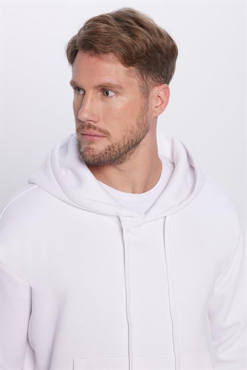 Unisex Oversize Geniş Kesim Pamuklu Yumuşak Dokulu İçi Polarlı Basic Beyaz Kapüşonlu Sweatshirt
