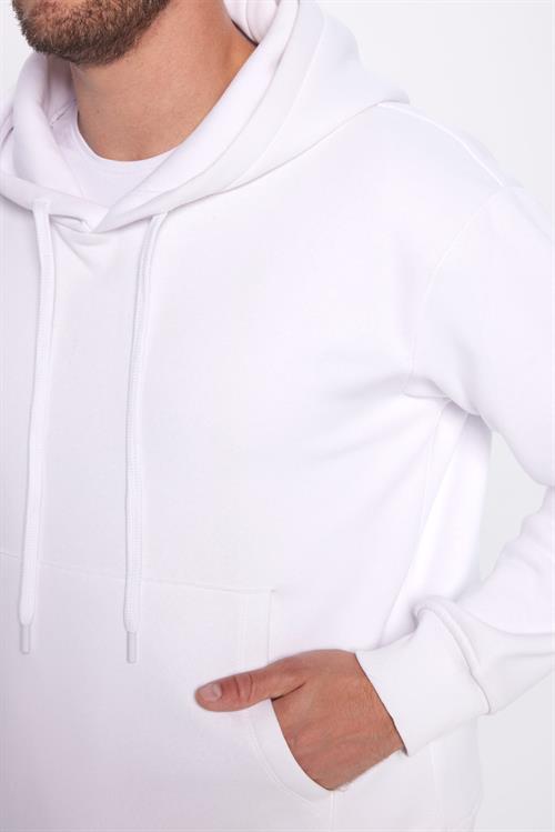 Unisex Oversize Geniş Kesim Pamuklu Yumuşak Dokulu İçi Polarlı Basic Beyaz Kapüşonlu Sweatshirt