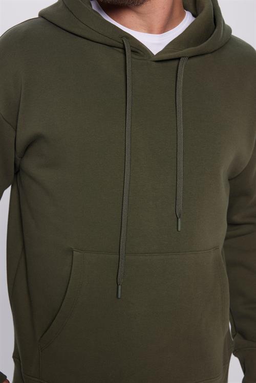 Unisex Oversize Geniş Kesim Pamuklu Yumuşak Dokulu İçi Polarlı Basic Yeşil Kapüşonlu Sweatshirt