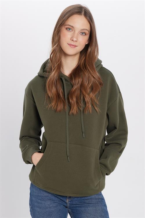 Unisex Oversize Geniş Kesim Pamuklu Yumuşak Dokulu İçi Polarlı Basic Yeşil Kapüşonlu Sweatshirt