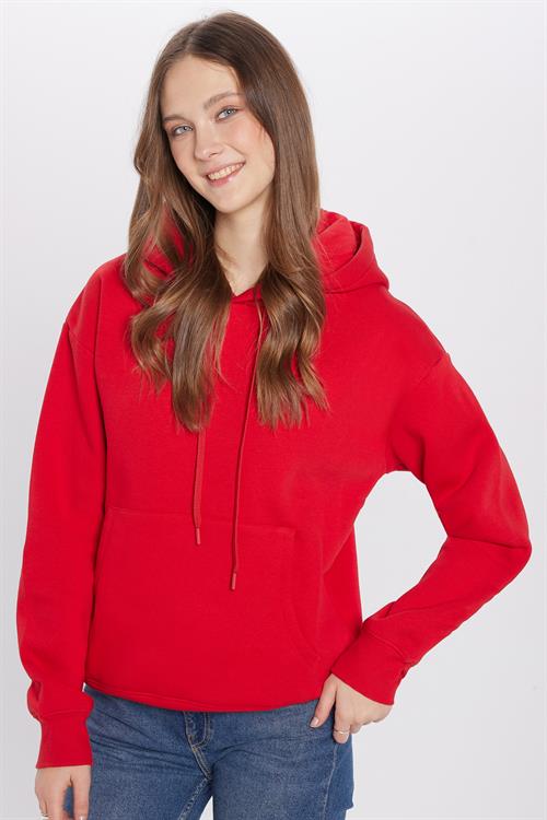 Unisex Oversize Geniş Kesim Pamuklu Yumuşak Dokulu İçi Polarlı Basic Kırmızı Kapüşonlu Sweatshirt